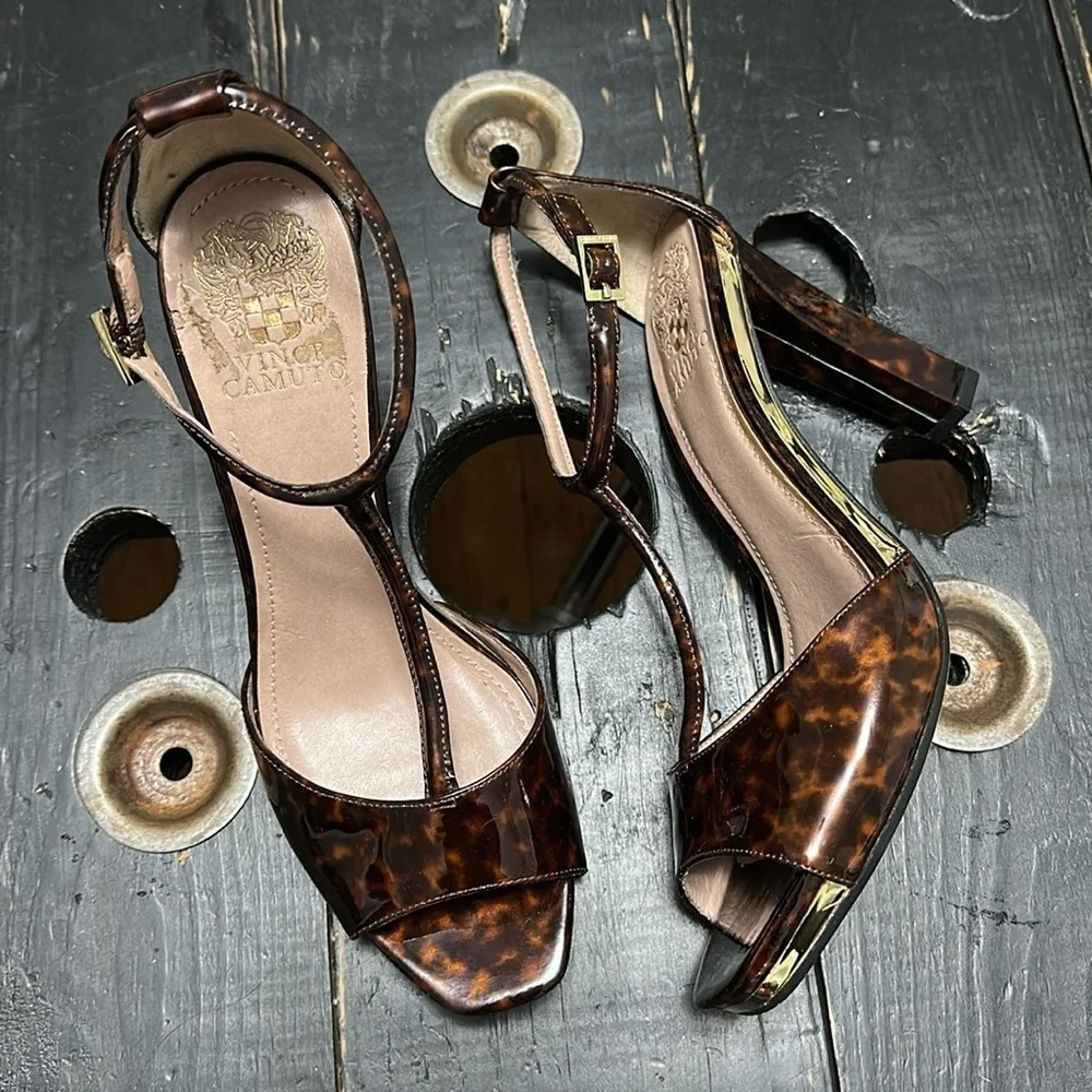VINCE CAMUTO Tezer Tortoise Shell Patent Leather T-Strap Heels
